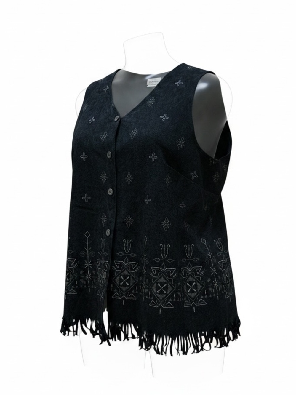Vintage Black Faux Suede Vest Fringe Hem Embroidered Boho Western Festival